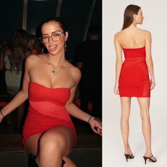 VICTOR GLEMAUD Red Ponte Knit Strapless Sheer Panel Cutout Bodycon Mini‎ Dress M - Picture 3 of 9